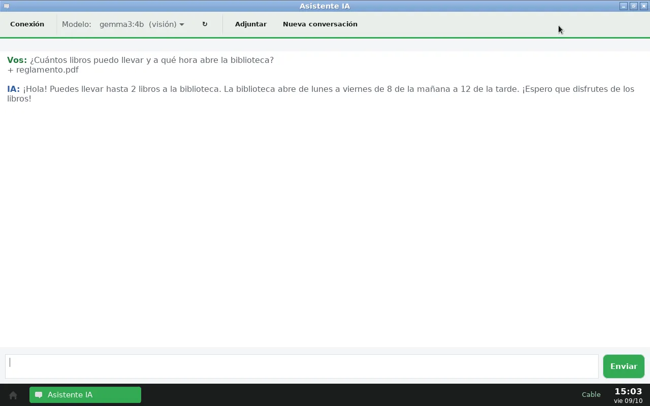 Asistente de IA respondiendo sobre un PDF adjunto con el modo niños activado