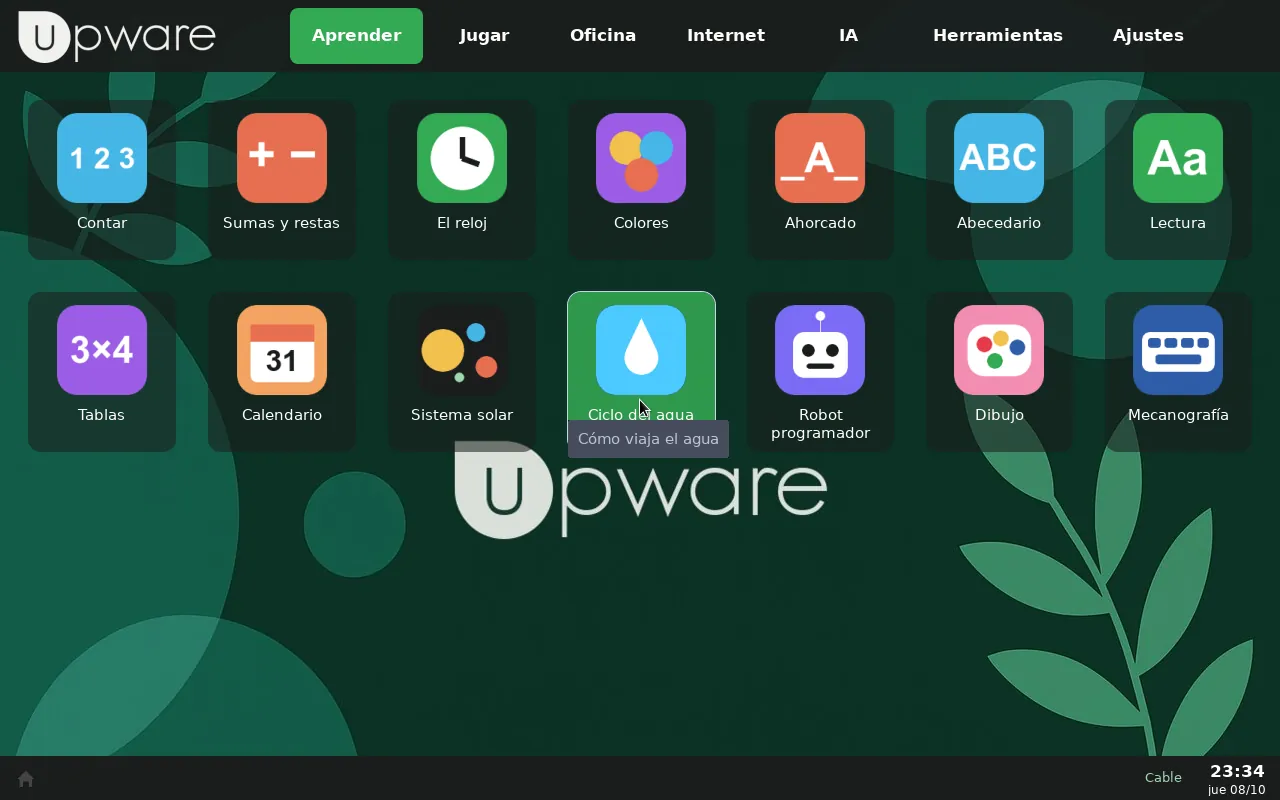 Escritorio de Upware OS con actividades para aprender