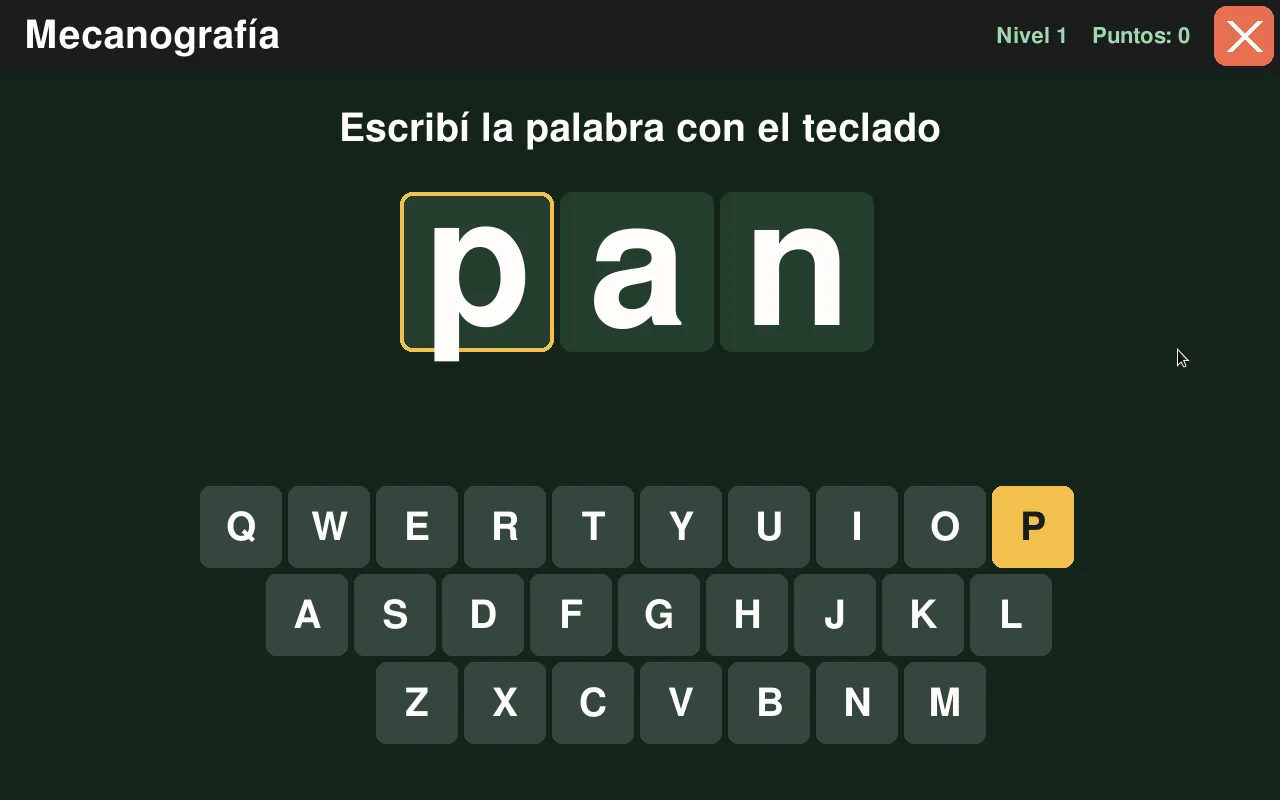 Juego de mecanografía con teclado en pantalla que marca la próxima tecla