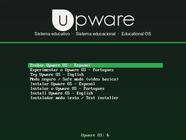 Menú de arranque de Upware OS en español, portugués e inglés: probar o instalar