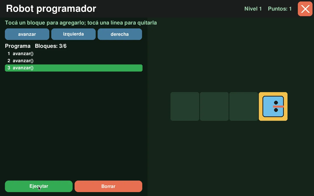 Robot programador: bloques y pseudocódigo a la izquierda, el robot y la meta a la derecha